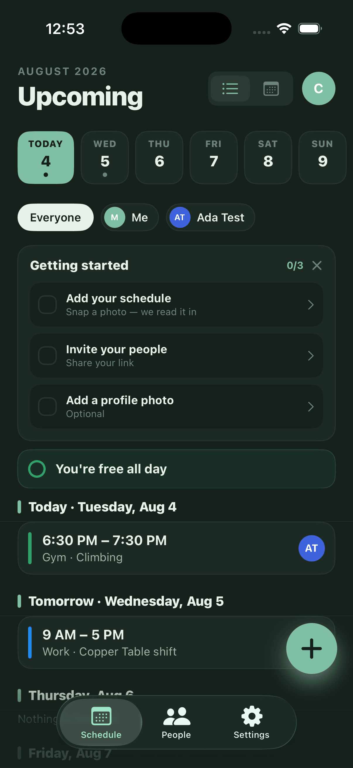 Freeish Upcoming screen: the week ahead with a getting-started checklist, a free-all-day banner, and shared shifts from family