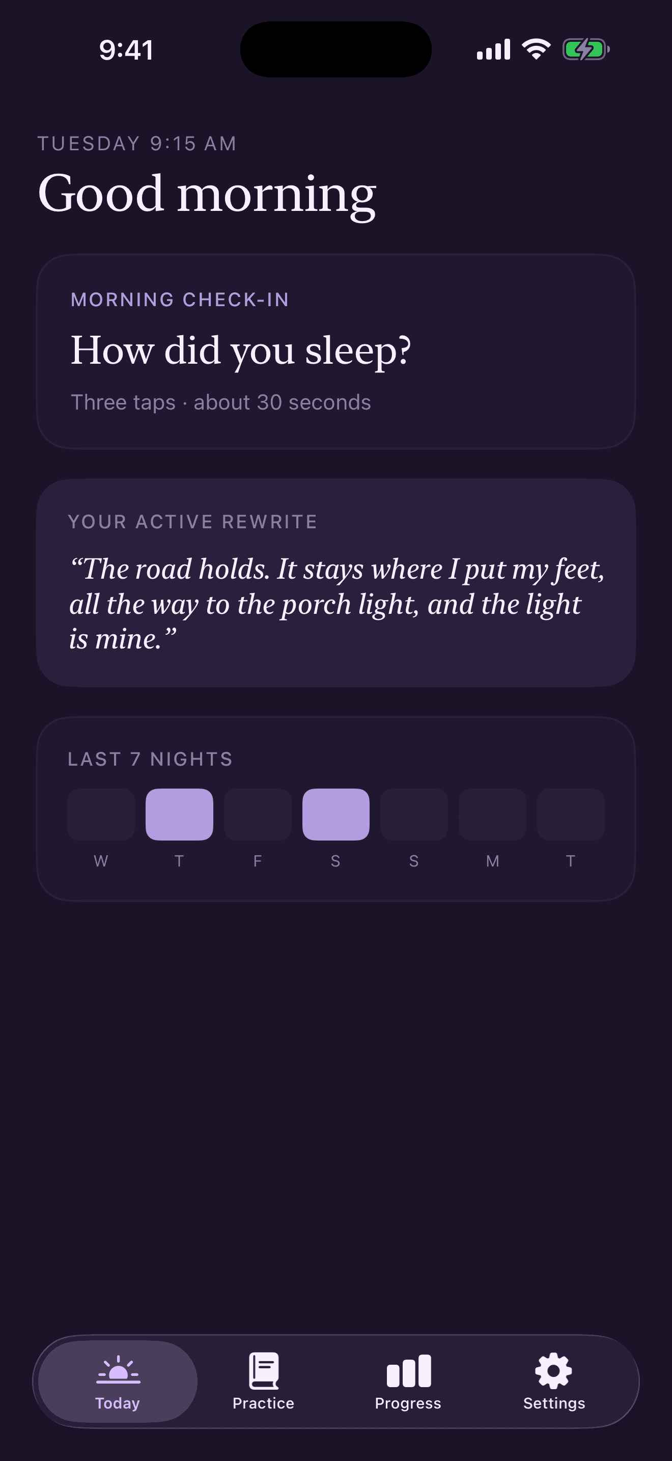 Rescript Sleep Today screen: a morning check-in card, the active dream rewrite, and the last seven nights of practice